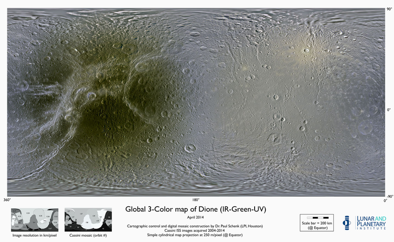 Color map of Dione’s surface, showing ice cliffs and patches of smooth terrain that indicate recent geologic resurfacing. Image: Wikimedia